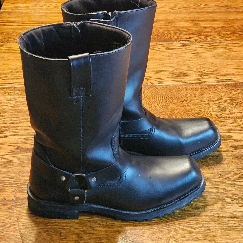 M-Boss BOS-49001 Mens Black Leather Harness Motorcycle Boots‎ Square Toe Size 14